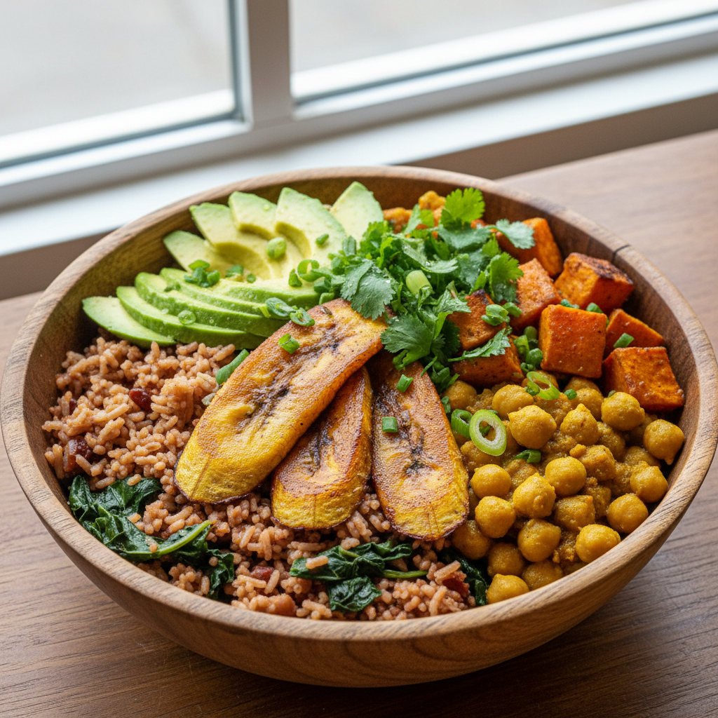 A colorful Caribbean Ital vegan bowl with rice and peas, plantains and vegetables